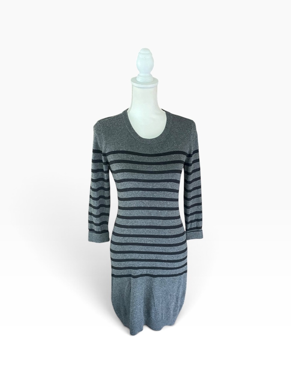 French Connection Gray and Black Striped Long-Sleeve Knit Dress